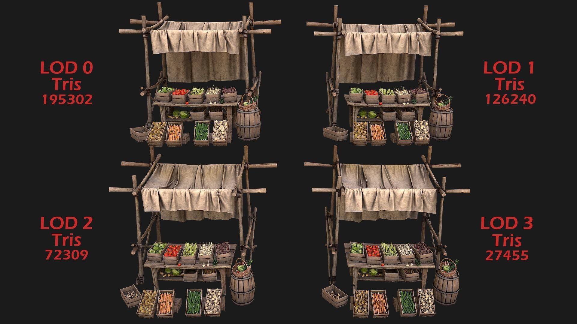 Medieval Market Vegetable Stalls Tent Pack Low-poly 3D model_5