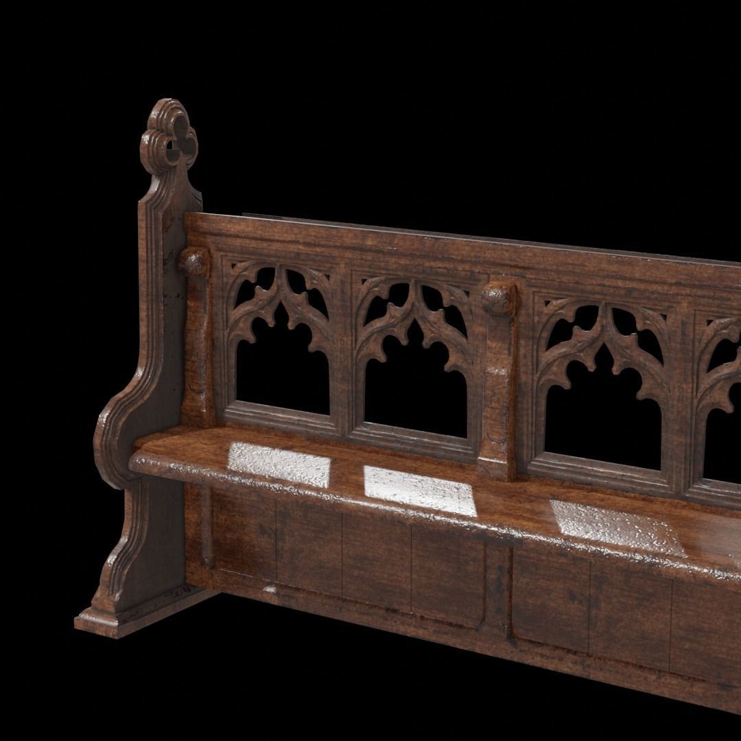 Gothich Church Bench Low-poly 3D model_7