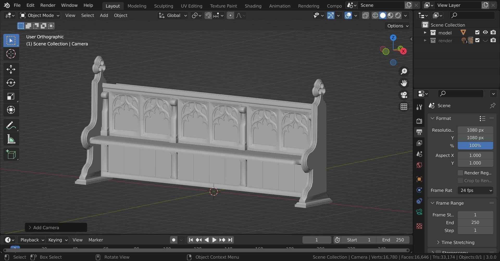 Gothich Church Bench Low-poly 3D model_18