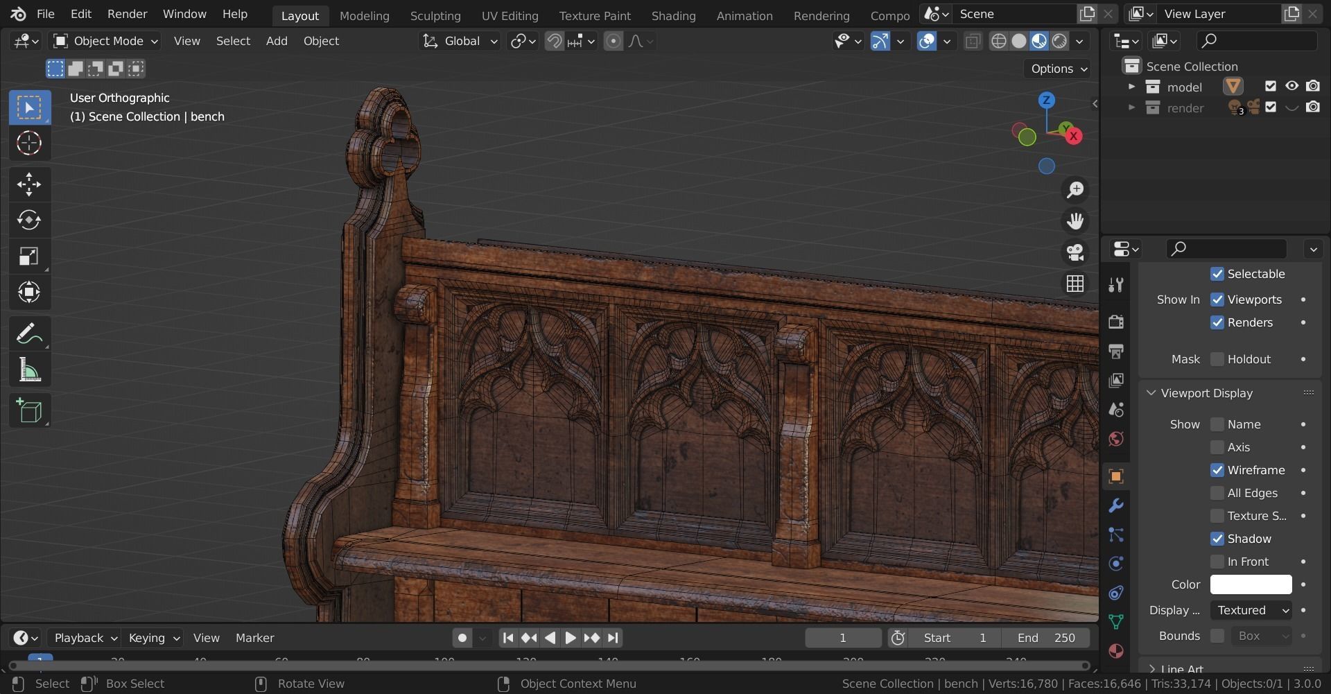 Gothich Church Bench Low-poly 3D model_20