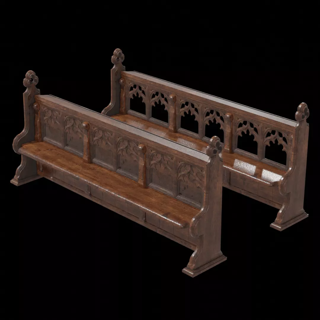 Gothich Church Bench Low-poly 3D model_0