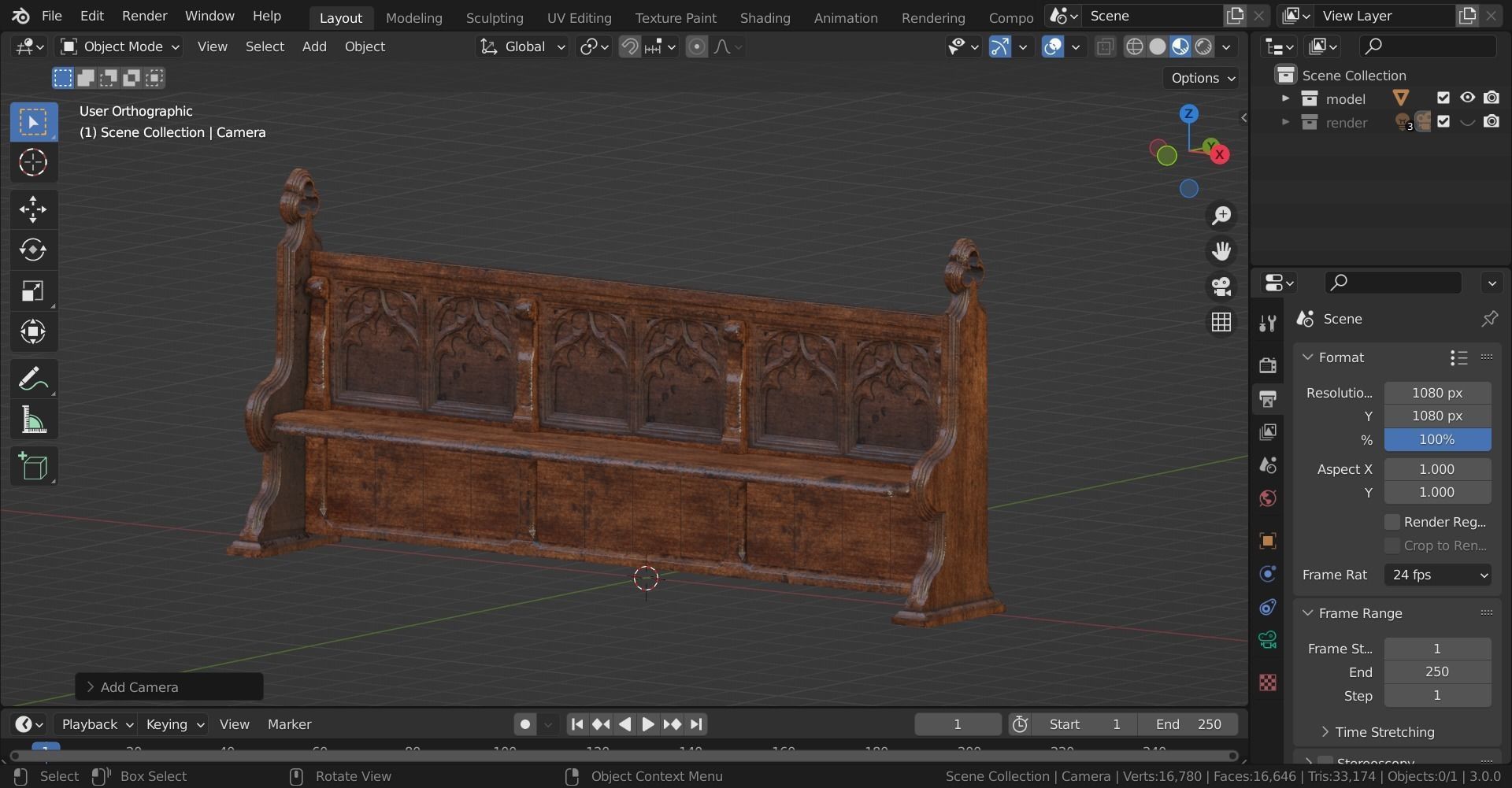 Gothich Church Bench Low-poly 3D model_17