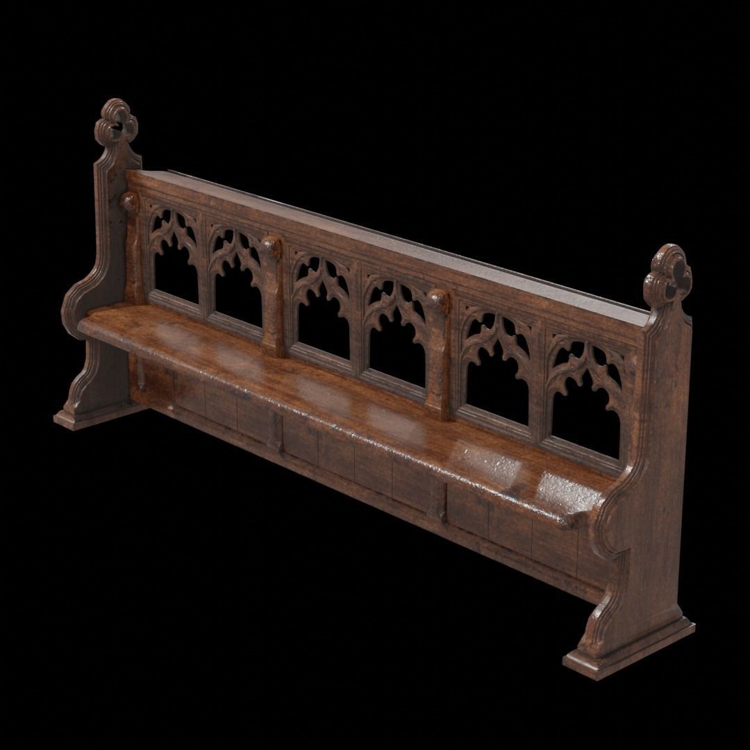 Gothich Church Bench Low-poly 3D model_2