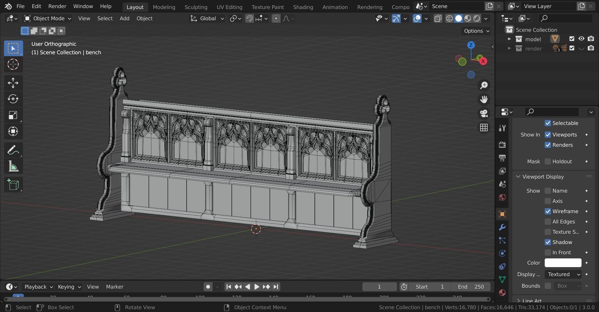 Gothich Church Bench Low-poly 3D model_19