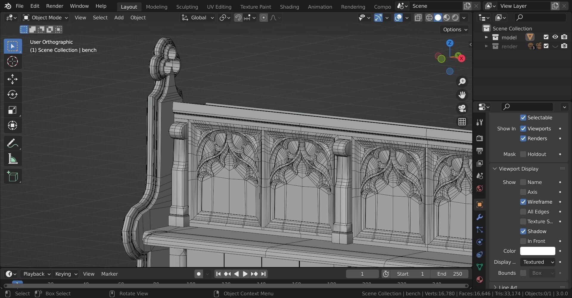 Gothich Church Bench Low-poly 3D model_21