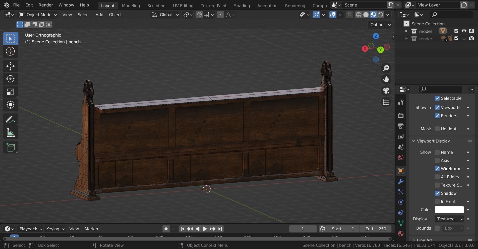 Gothich Church Bench Low-poly 3D model_25