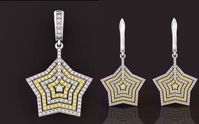set  pendant star and earrings star with diamonds 347