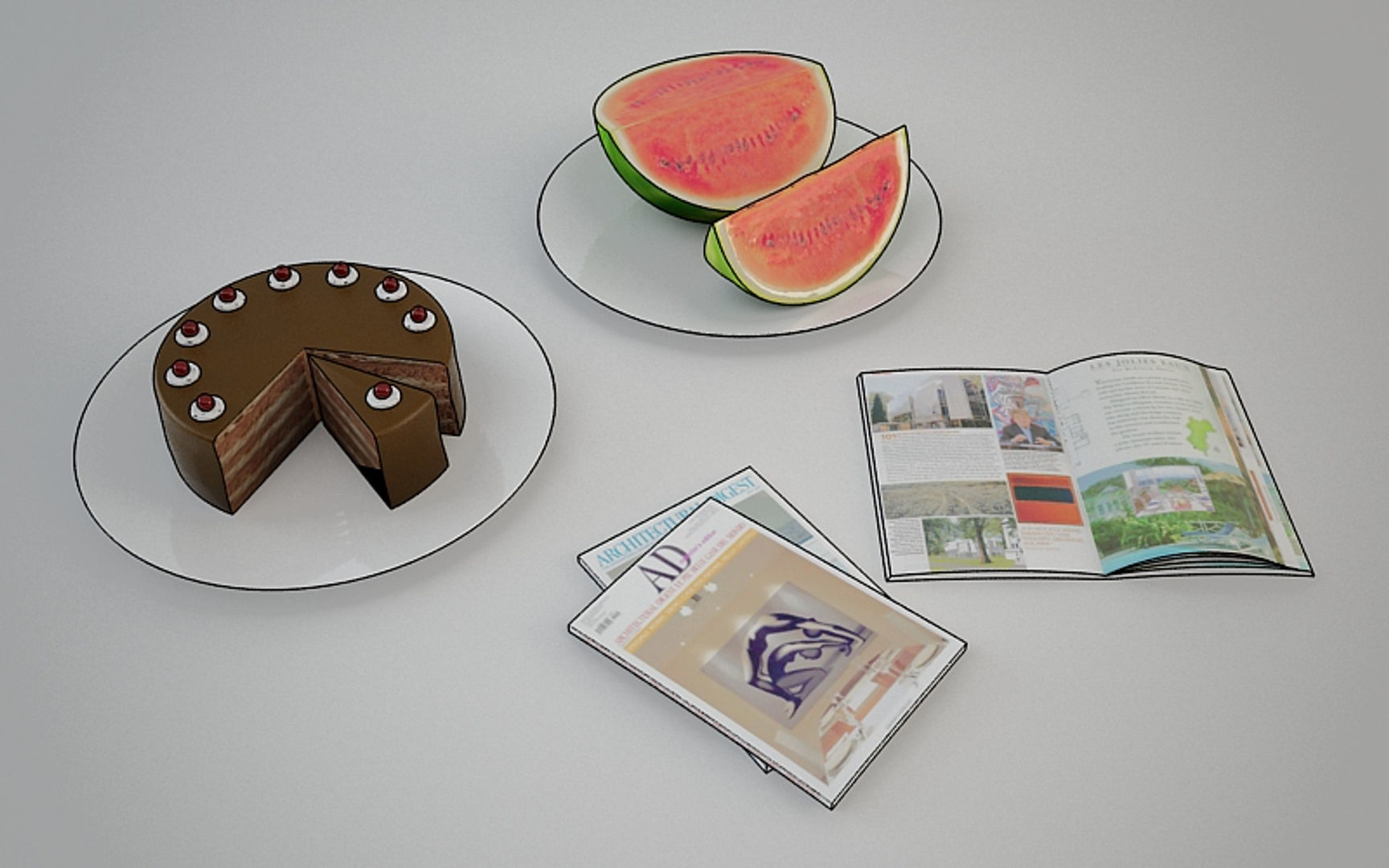 Wine Set chocolate cake with one slice missing 3D model_3