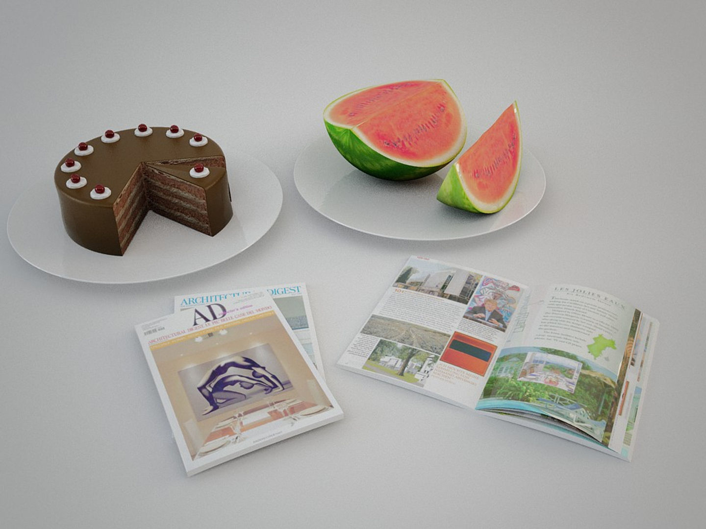 Wine Set chocolate cake with one slice missing 3D model_1