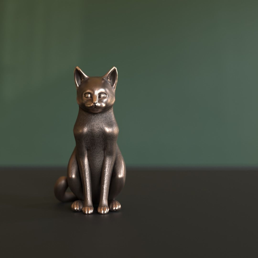 Cat Sitting Metal Statuette Low-poly Low-poly 3D model_1