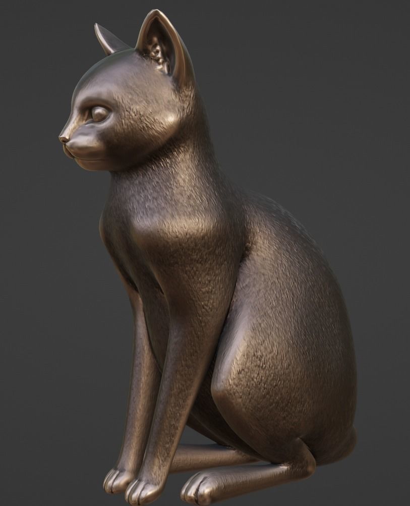 Cat Sitting Metal Statuette Low-poly Low-poly 3D model_3
