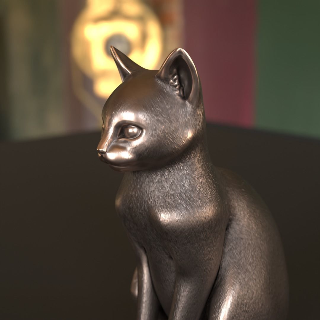 Cat Sitting Metal Statuette Low-poly Low-poly 3D model_9