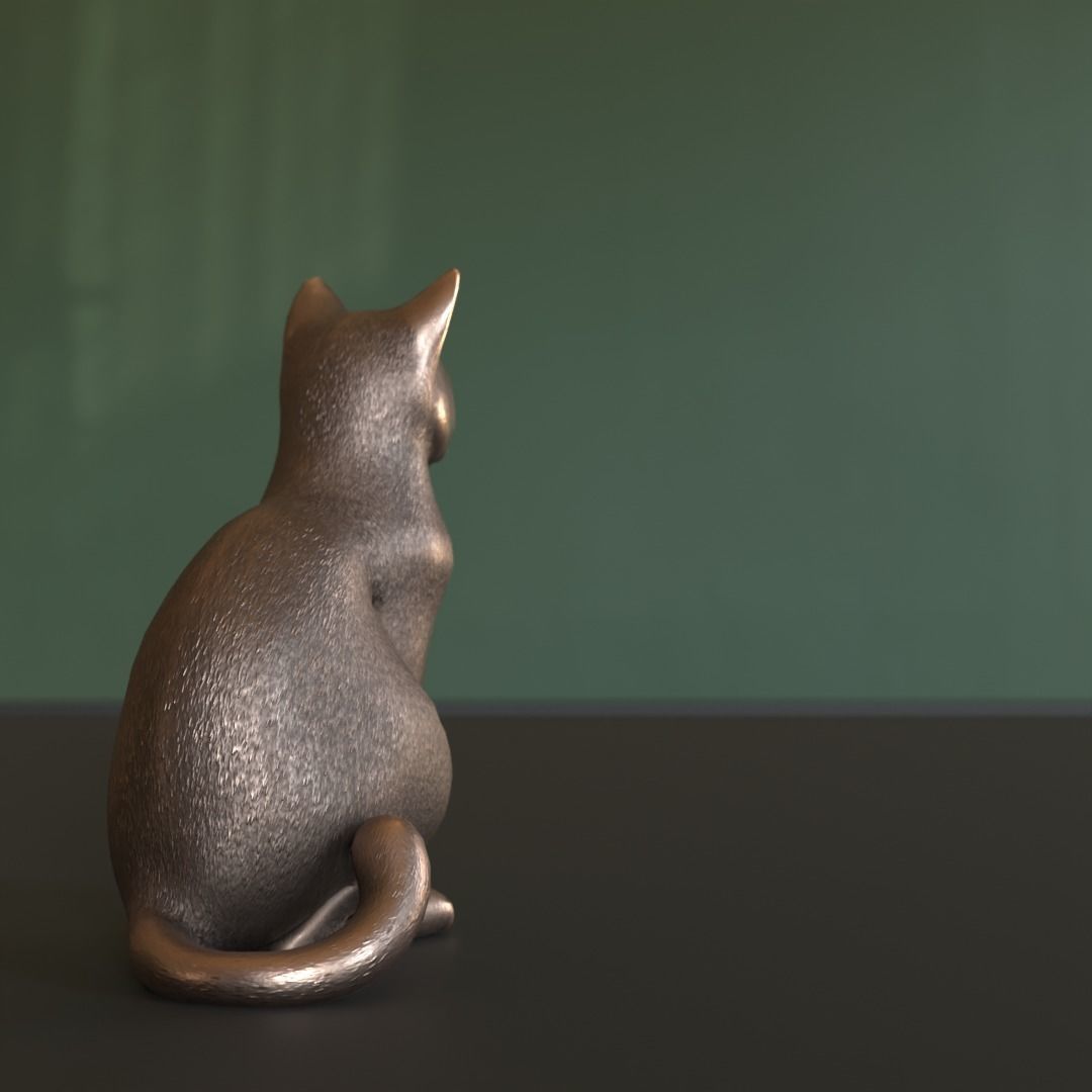 Cat Sitting Metal Statuette Low-poly Low-poly 3D model_2