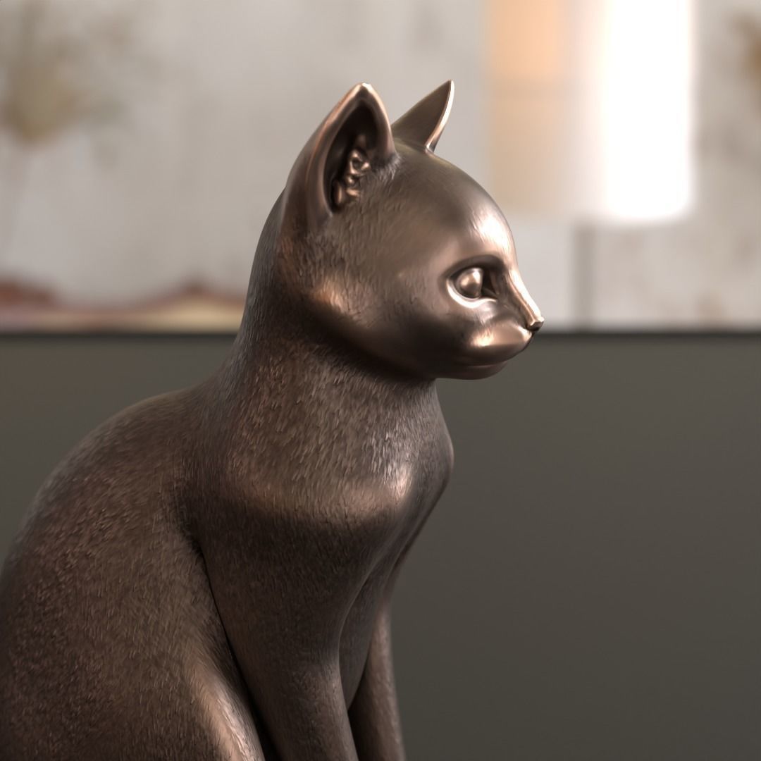 Cat Sitting Metal Statuette Low-poly Low-poly 3D model_10