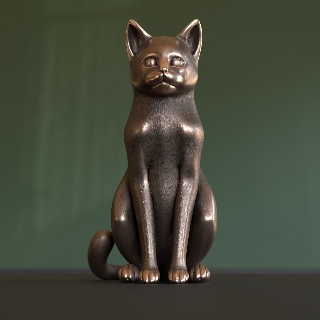 Cat Sitting Metal Statuette Low-poly Low-poly 3D model_8