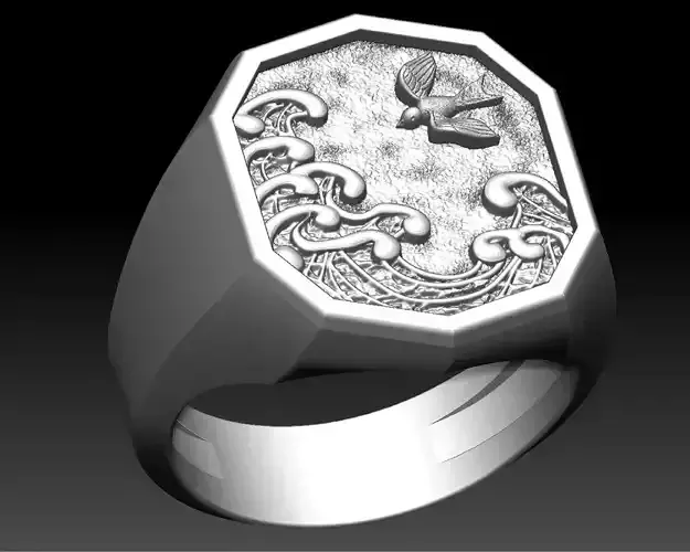 mens signet ring with ocean and bird  