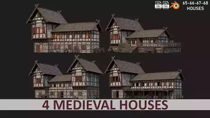 4 Old Medieval Building House Pack 4K Tex GameReady 65 to 68