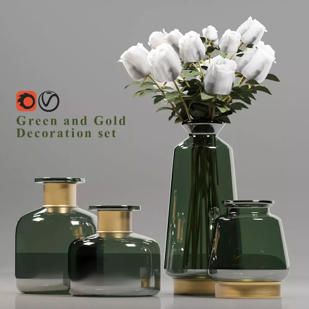 Green and Gold Decorative set with white roses Free 3D model