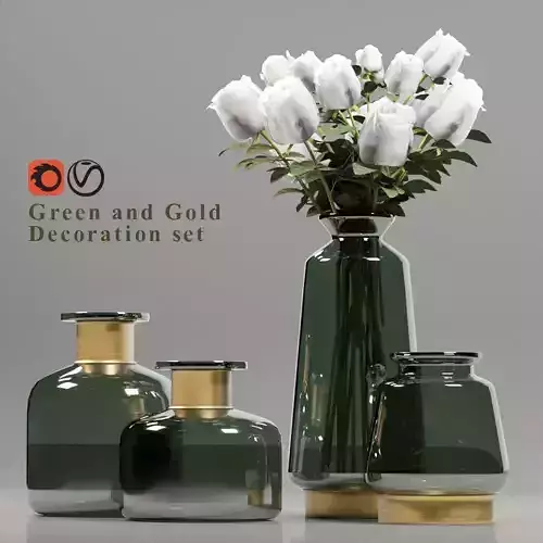 Green and Gold Decorative set with white roses