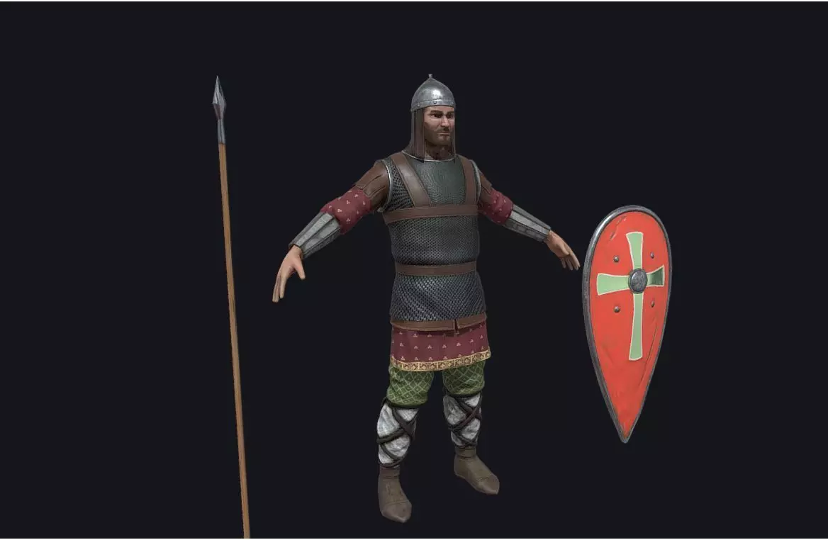 Knight with spear and shield Low-poly 3D model_0