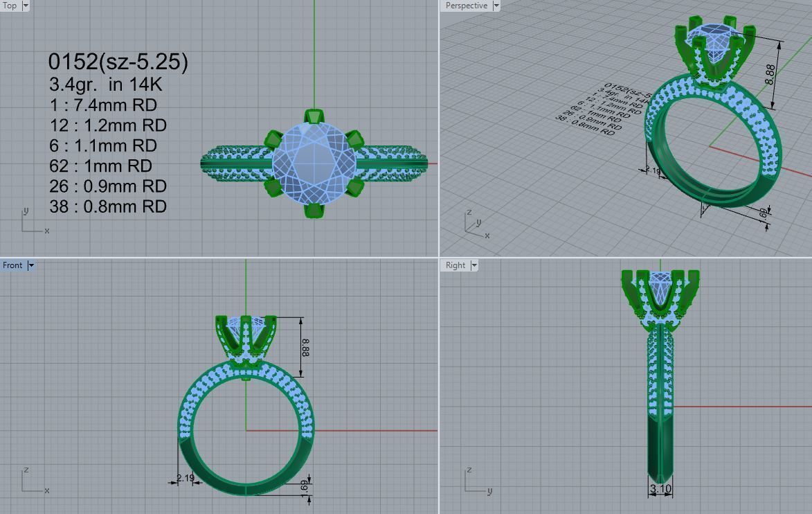 Peg Head Diamond Ring 0152 3D print model_4