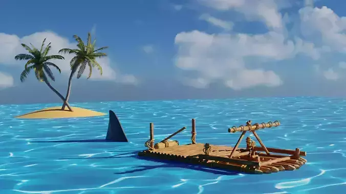 3D low poly game raft scene and landscape model Low-poly 3D model