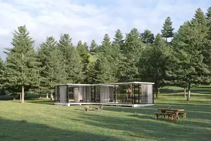 Peaseful glass house in middle of grassy field