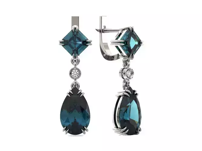 drop earrings square cut pear cut and two diamonds 3D print model