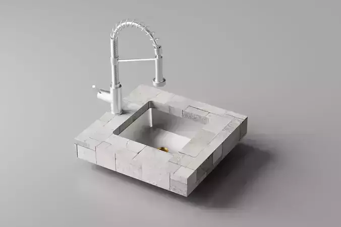 Silver Sink and Faucet Low-poly 3D model
