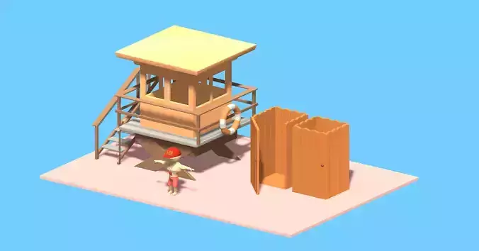 Beach Set 1 Life Guard Watcher Tower and Beach Cabin Lowpoly