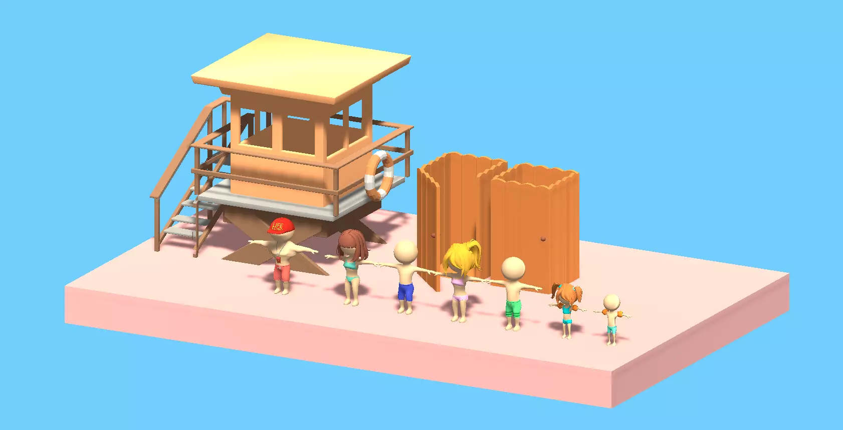 Beach Set 2 Beach Game Collection Stickmen LifeGuard and Prop Low-poly 3D model_0