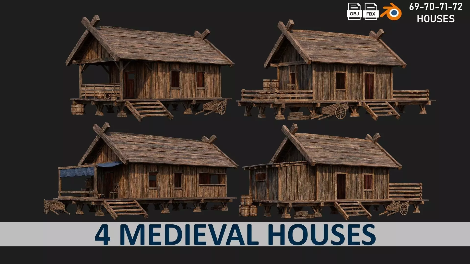 4 Old Building House Pack 4K Texture GameReady 69 to 72 Low-poly 3D model