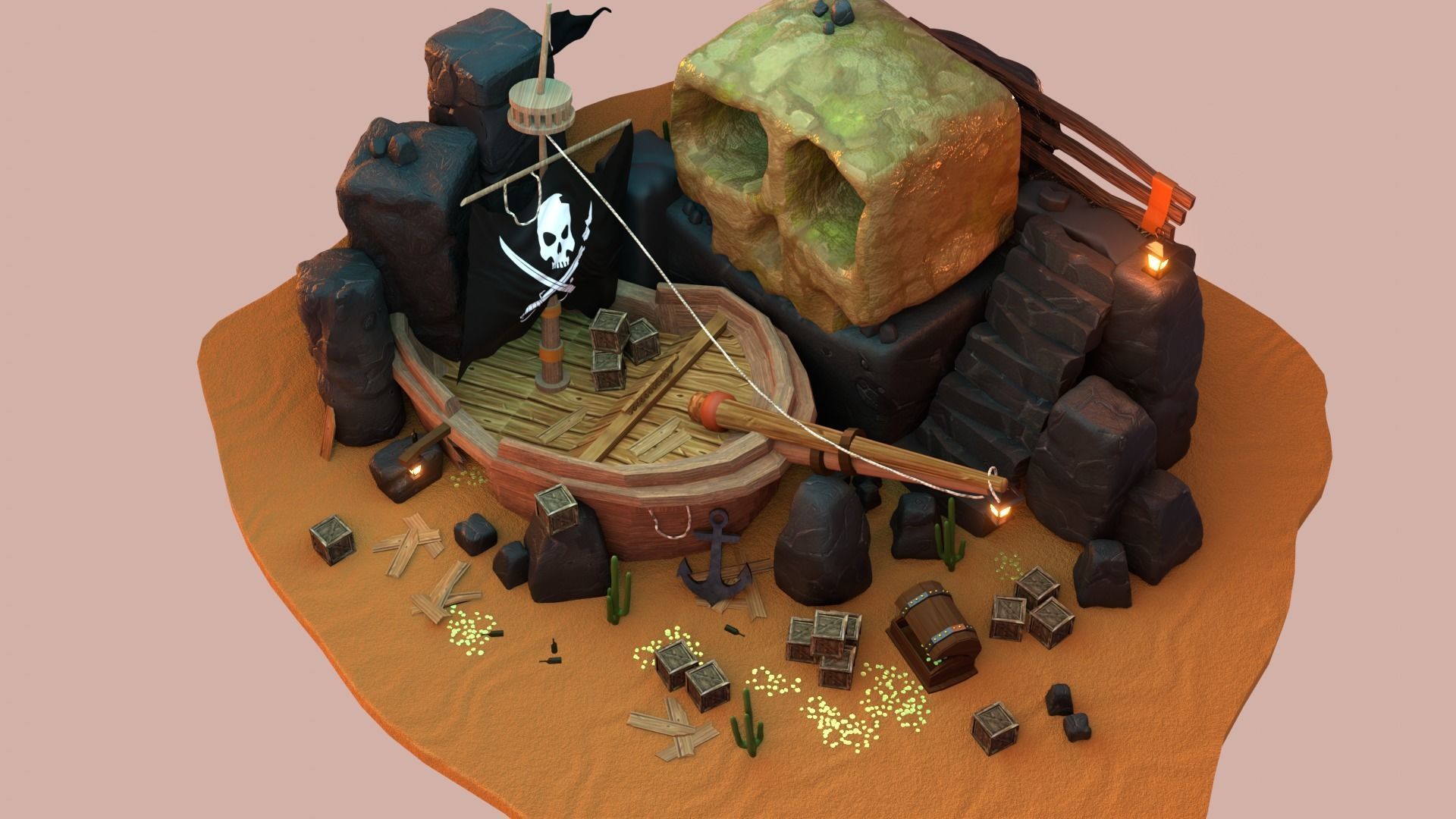 Lost pirate treasure diorama blender render  3D model_5