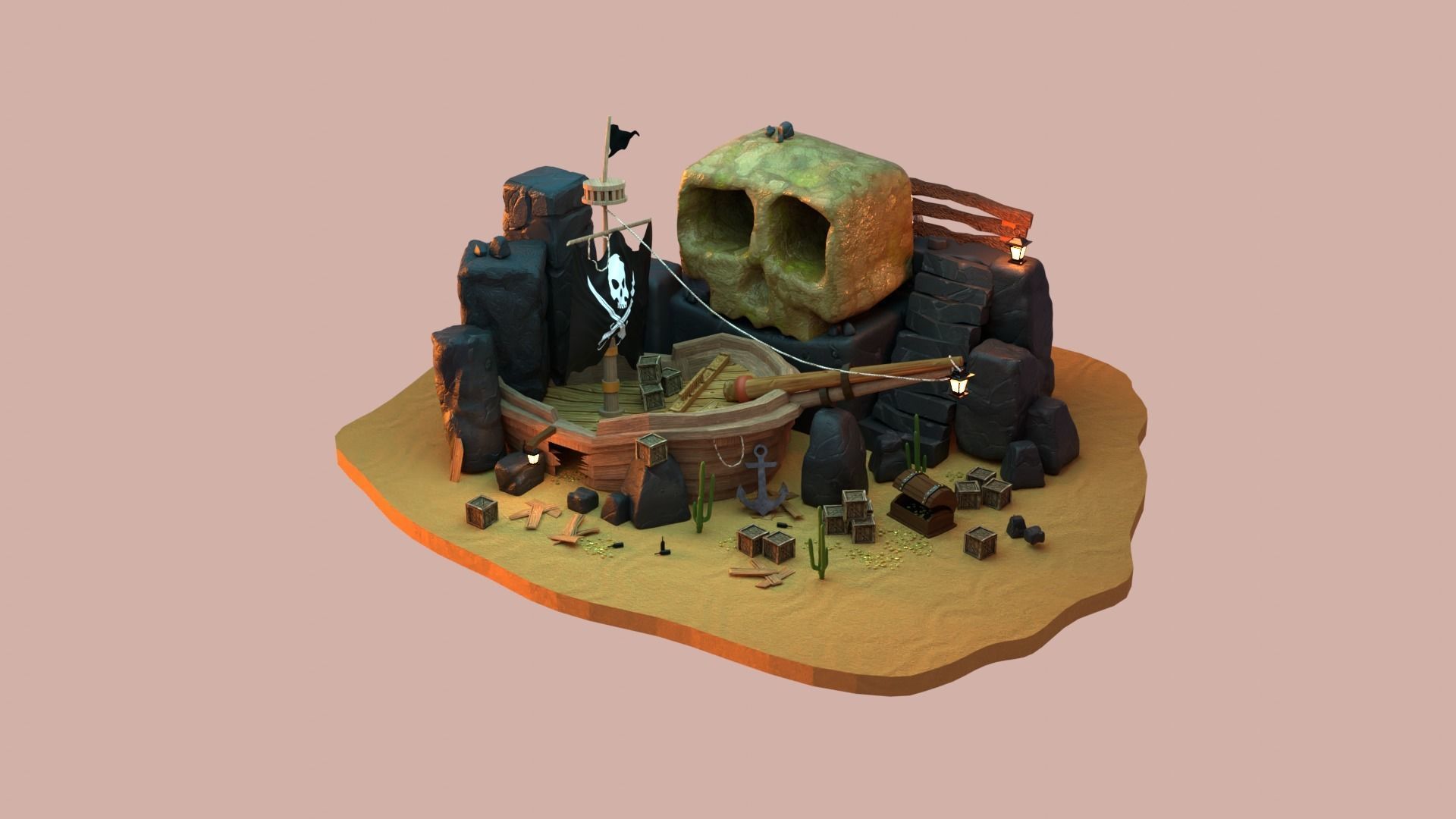 Lost pirate treasure diorama blender render  3D model_11