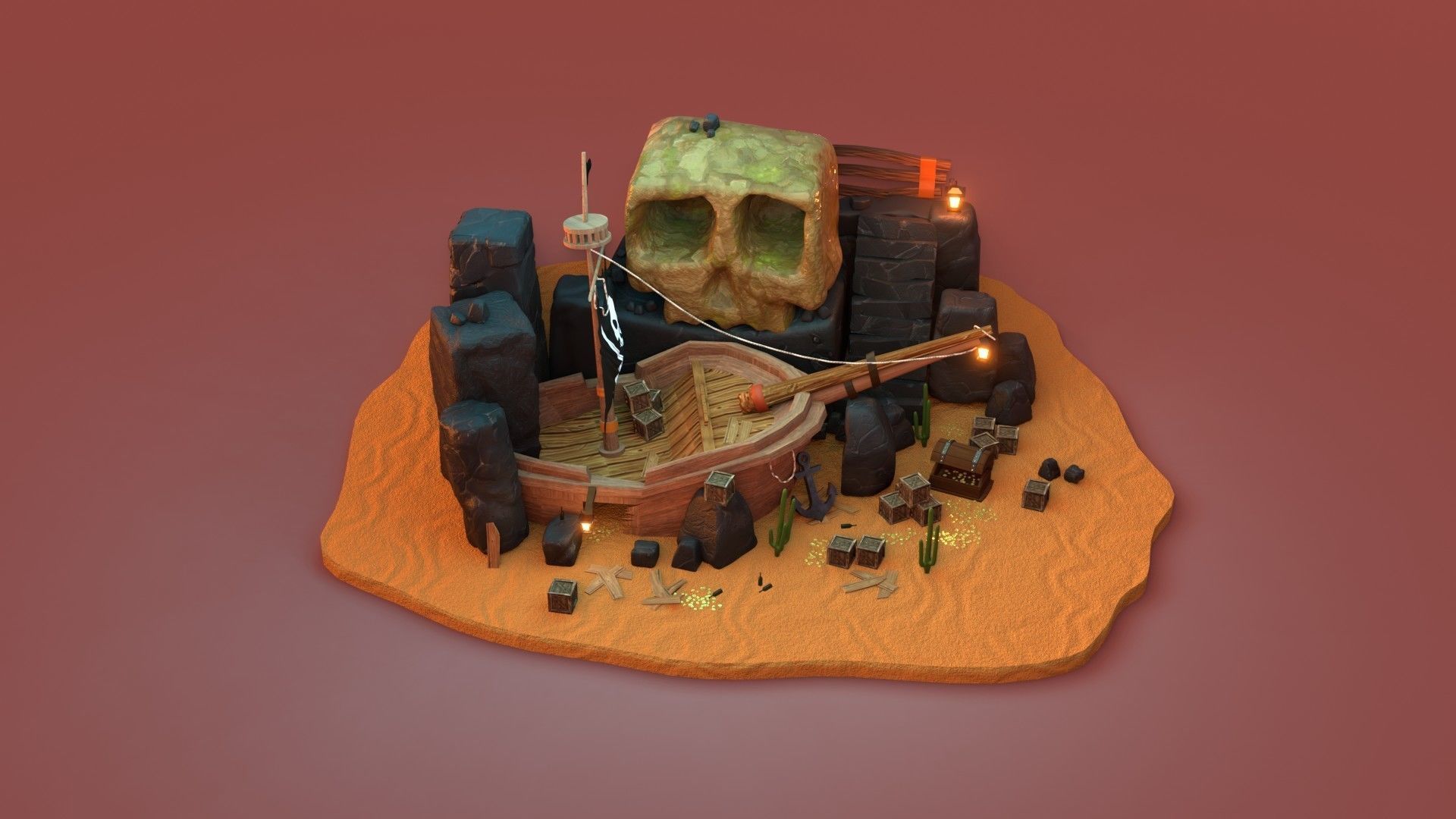 Lost pirate treasure diorama blender render  3D model_9