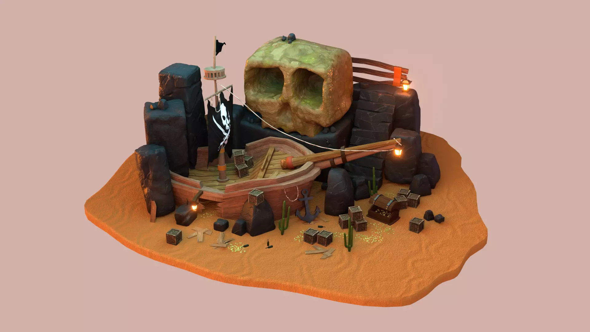 Lost pirate treasure diorama blender render  3D model_0