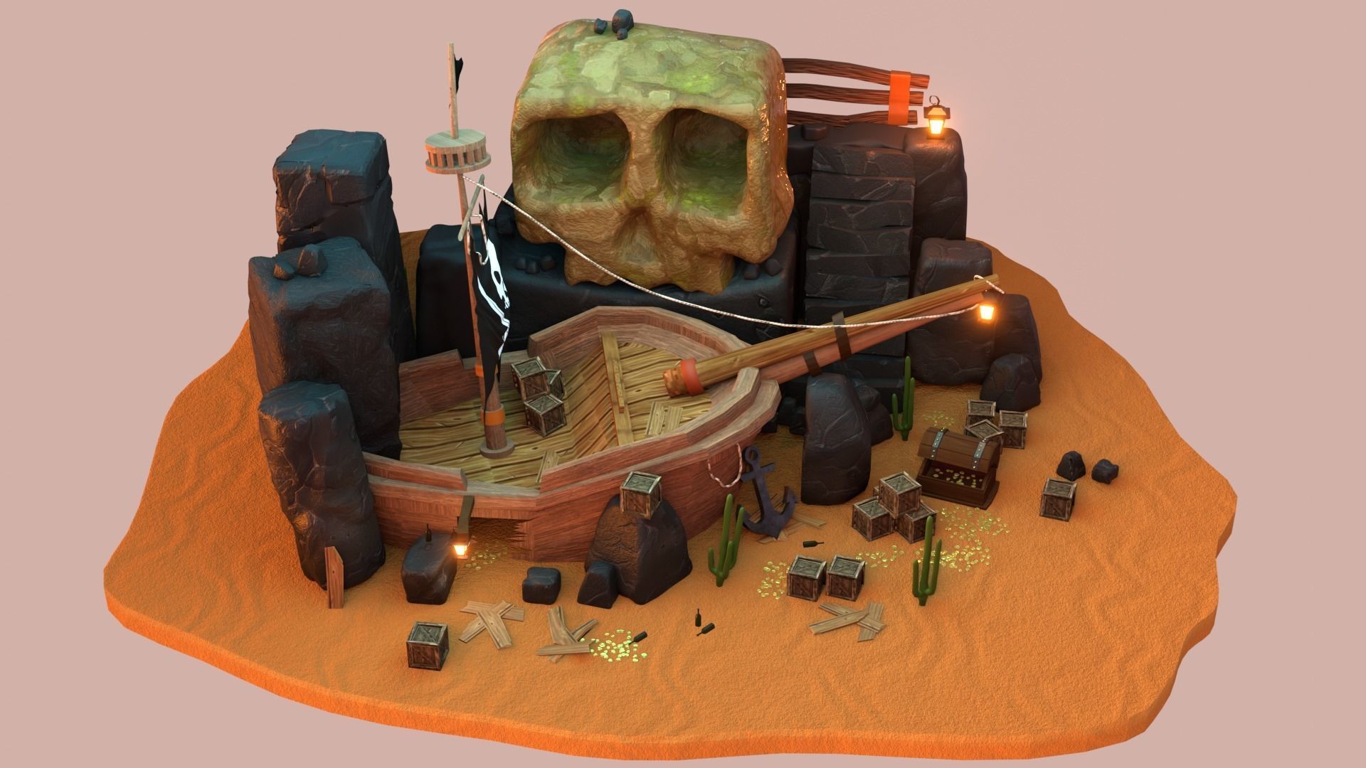 Lost pirate treasure diorama blender render  3D model_4
