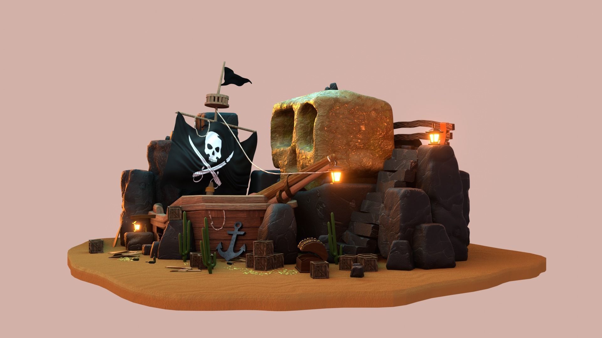 Lost pirate treasure diorama blender render  3D model_7