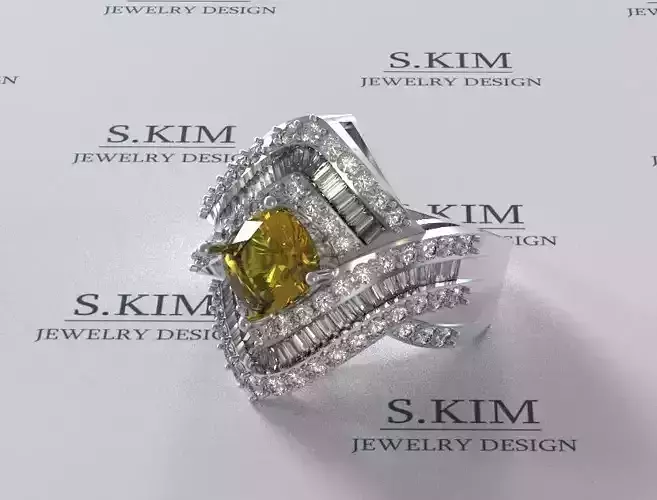 Ring with cushion 7mm baguette 2x1 