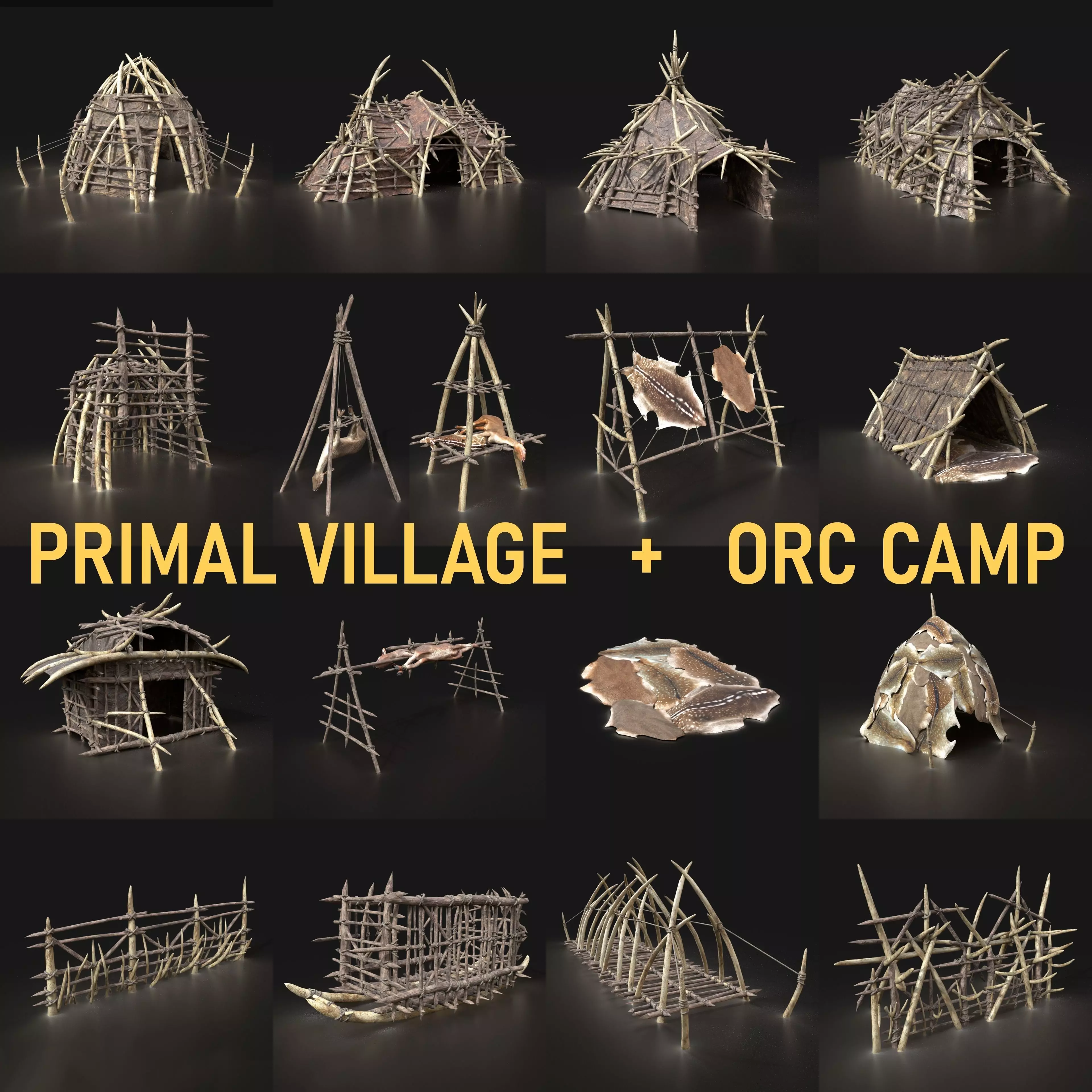 Orc Camp Primal Men Hunter Ancient Huts Builder Pack AAA NEXTGEN Low-poly 3D model_0