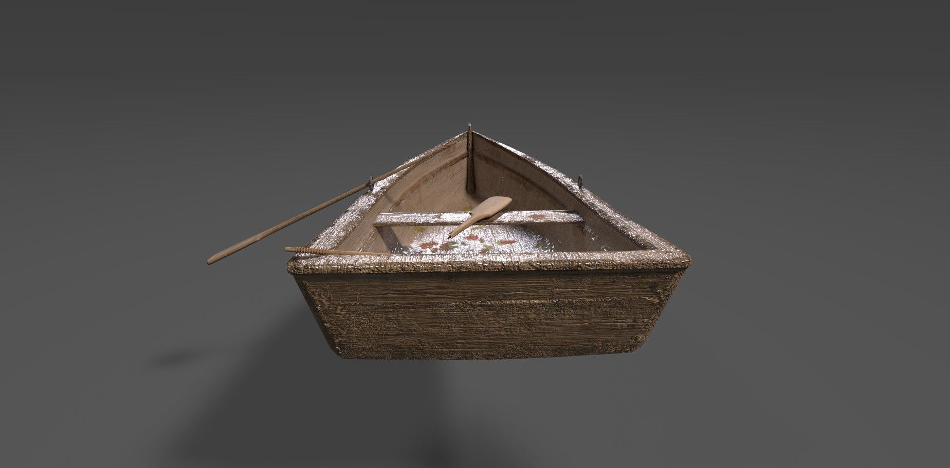 Old wooden boat with an oar and one broken oar 3D model_3