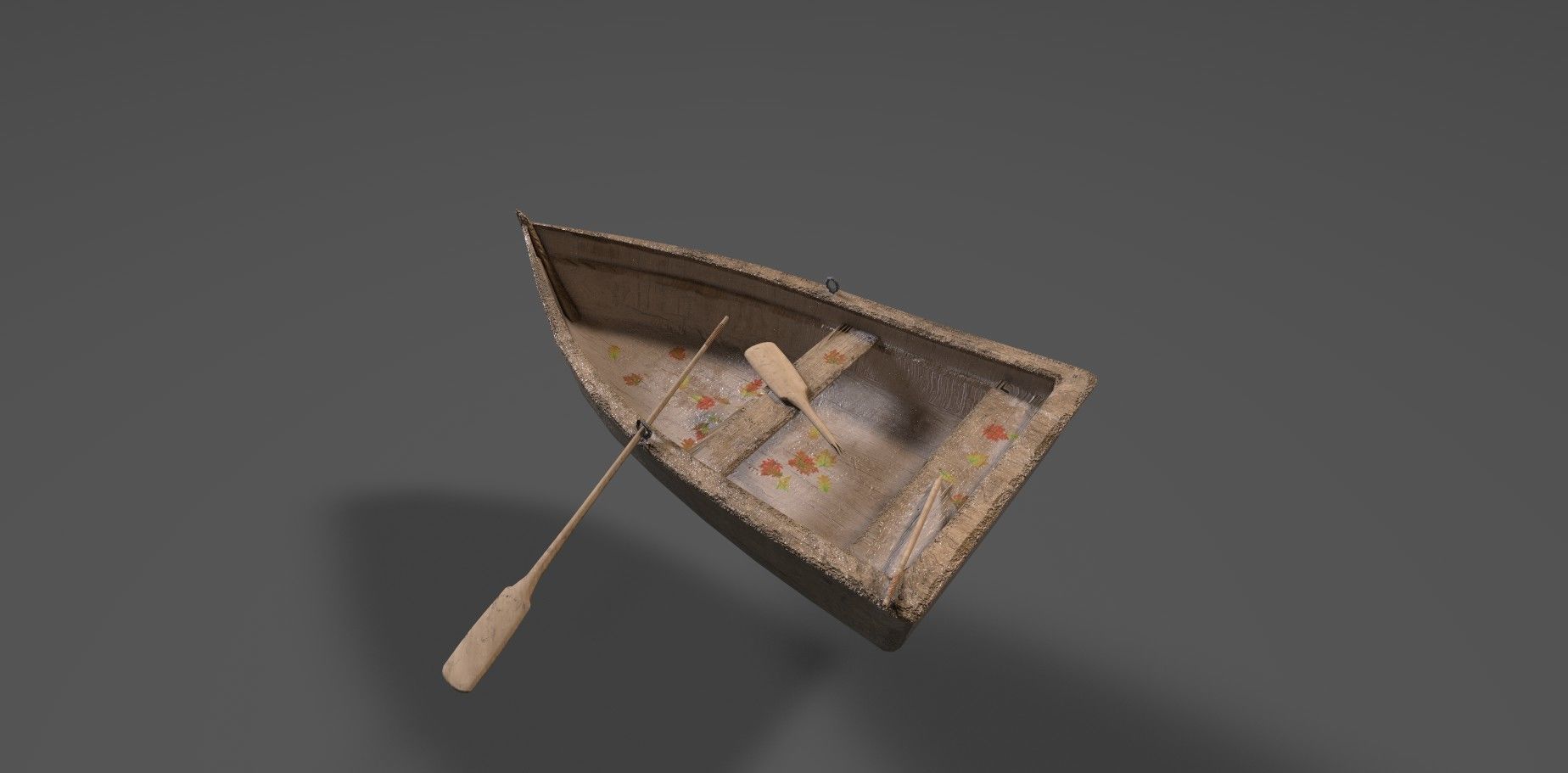 Old wooden boat with an oar and one broken oar 3D model_1