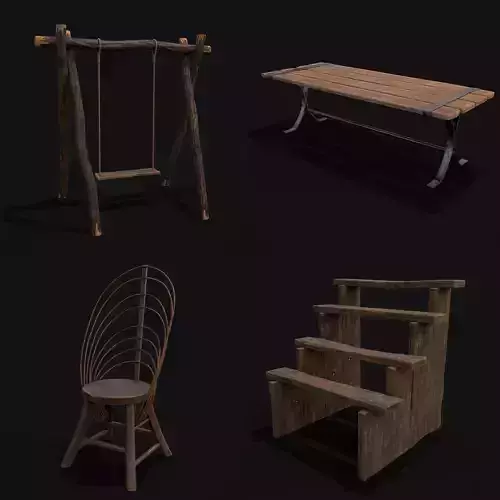 Rustic Medieval Wood Furniture Mix Three 3D Model Collection