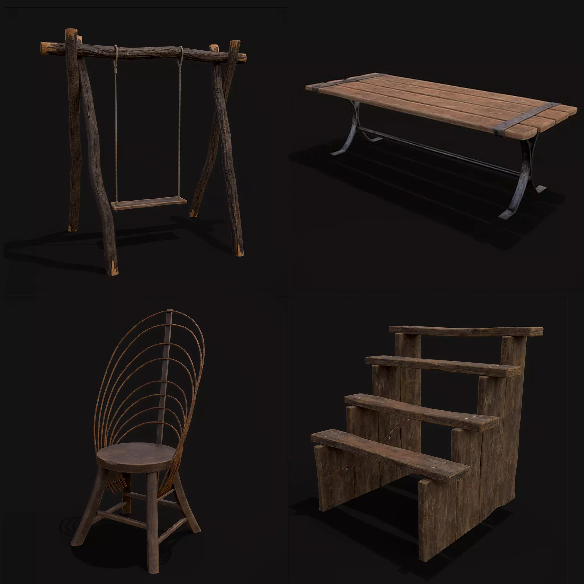 Rustic Medieval Wood Furniture Mix Three 3D Model Collection_0