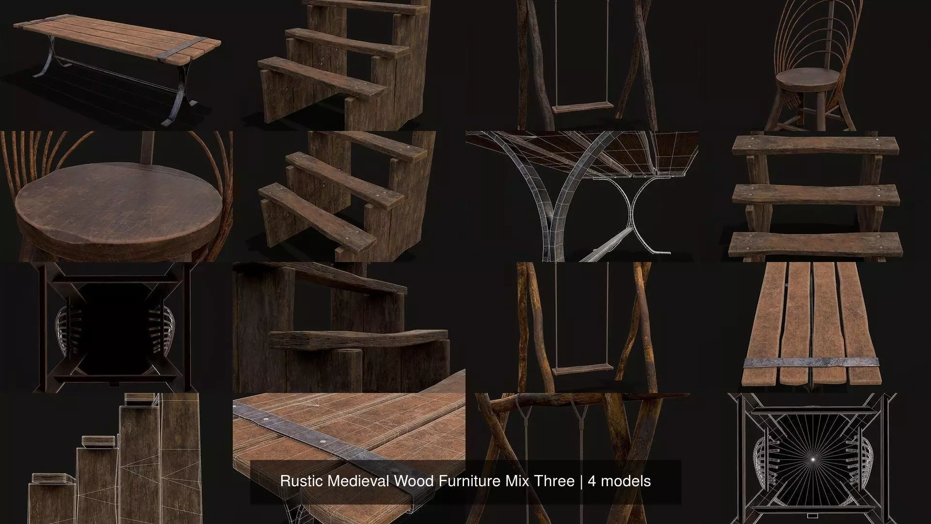 Rustic Medieval Wood Furniture Mix Three 3D Model Collection_5