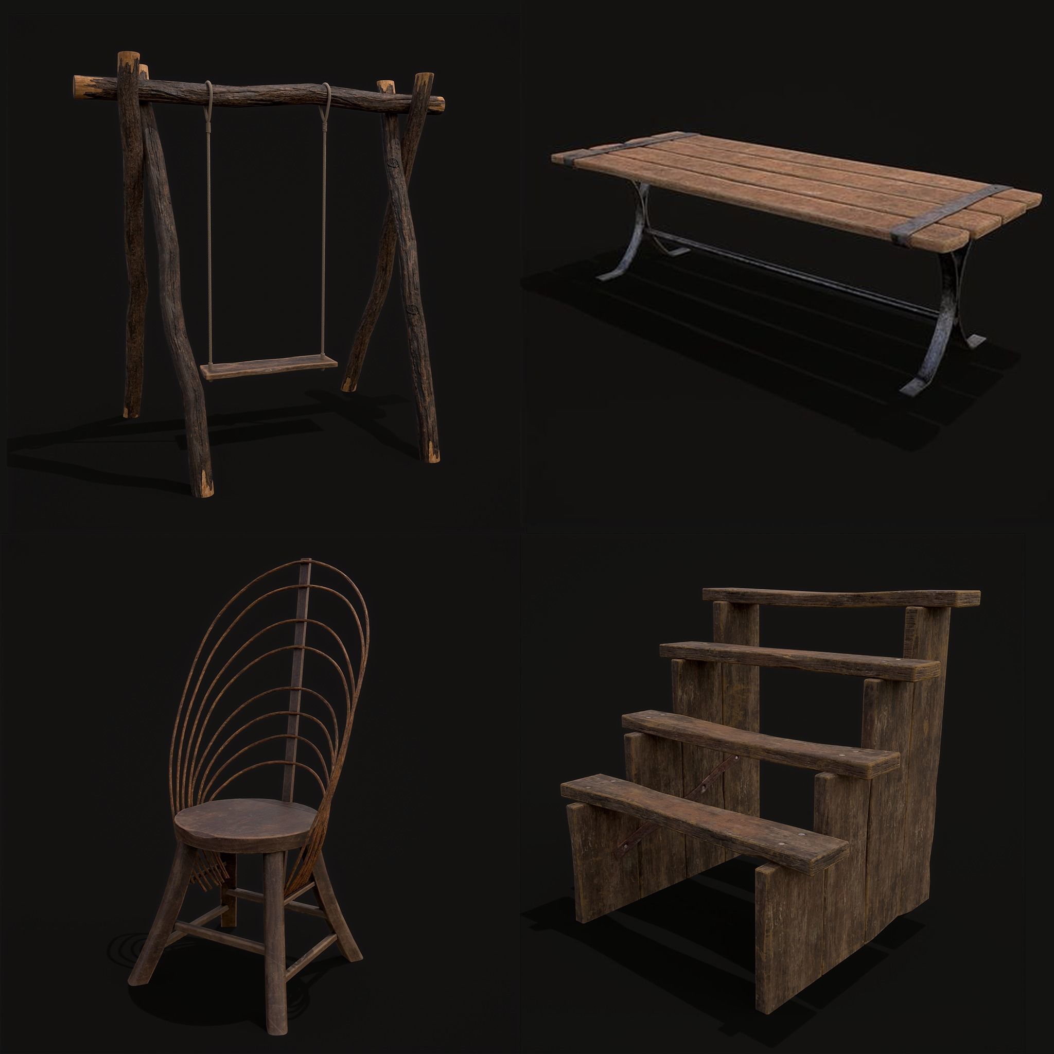 Rustic Medieval Wood Furniture Mix Three 3D Model Collection_6