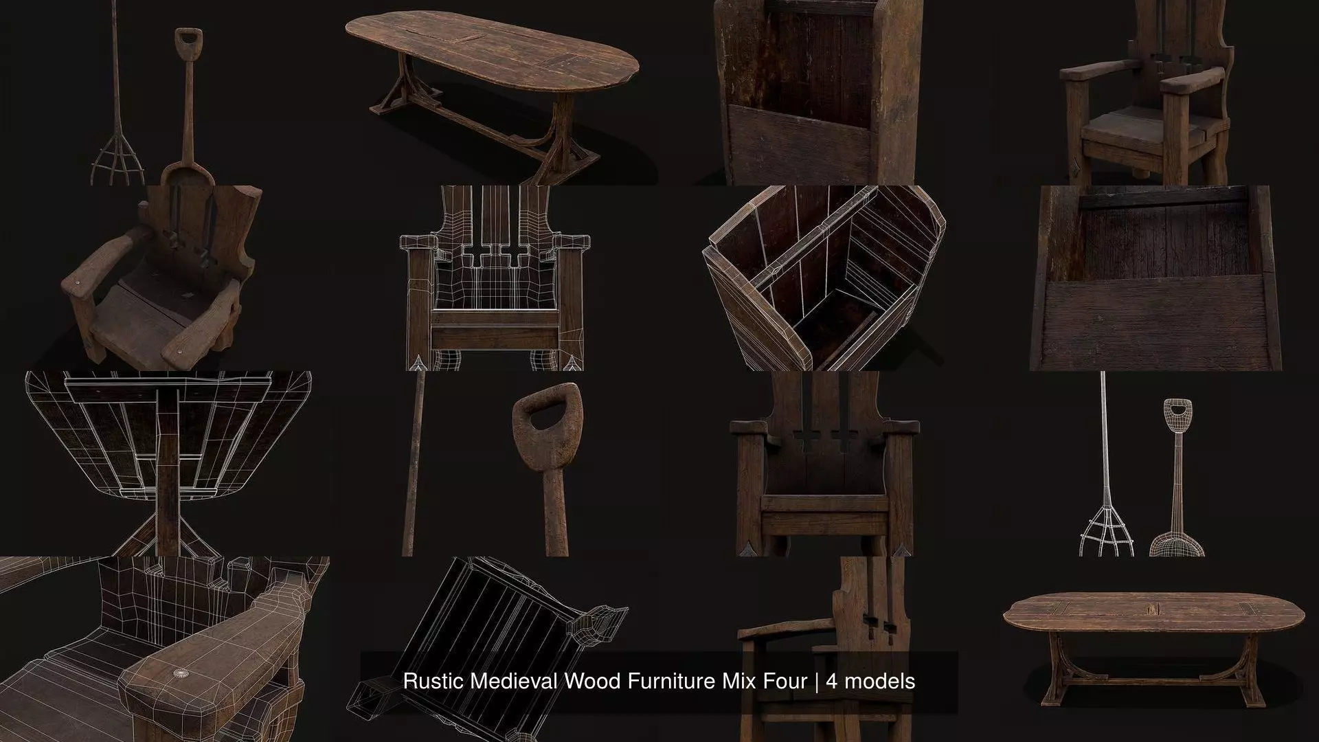 Rustic Medieval Wood Furniture Mix Four 3D Model Collection_5