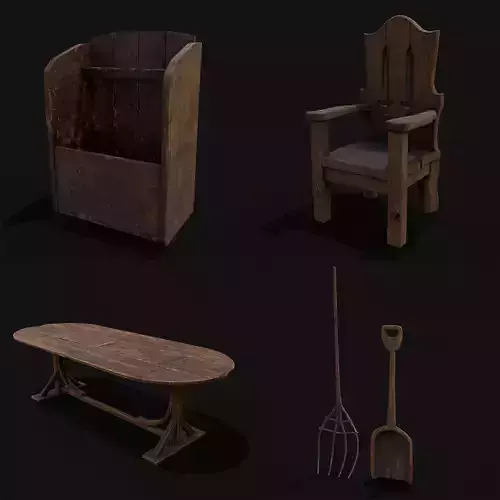 Rustic Medieval Wood Furniture Mix Four 3D Model Collection