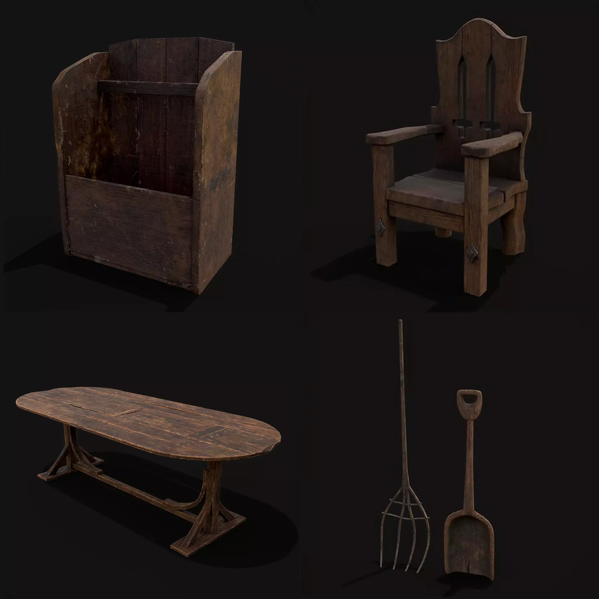 Rustic Medieval Wood Furniture Mix Four 3D Model Collection_0