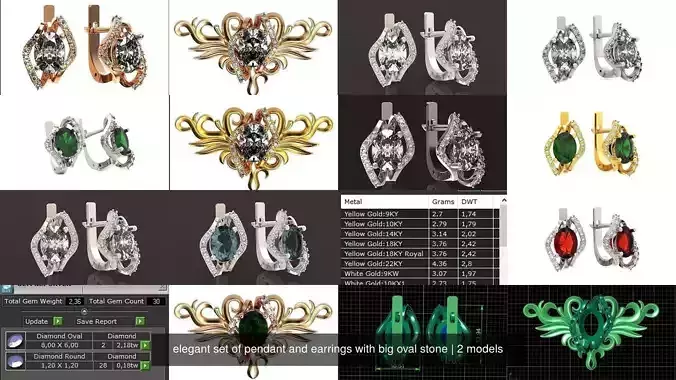  elegant set of pendant and earrings with big oval stone